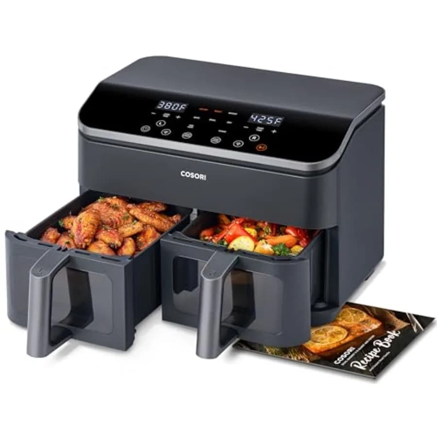 Friggitrice ad Aria Doppia 9Qt 10-in-1 per Famiglie con Doppio Cestello, Funzione Sincronizzata per Cuocere, Cuocere al Forno, Arrostire, Riscaldare, Grigliare, 130 Ricette, Lavabile in Lavastoviglie