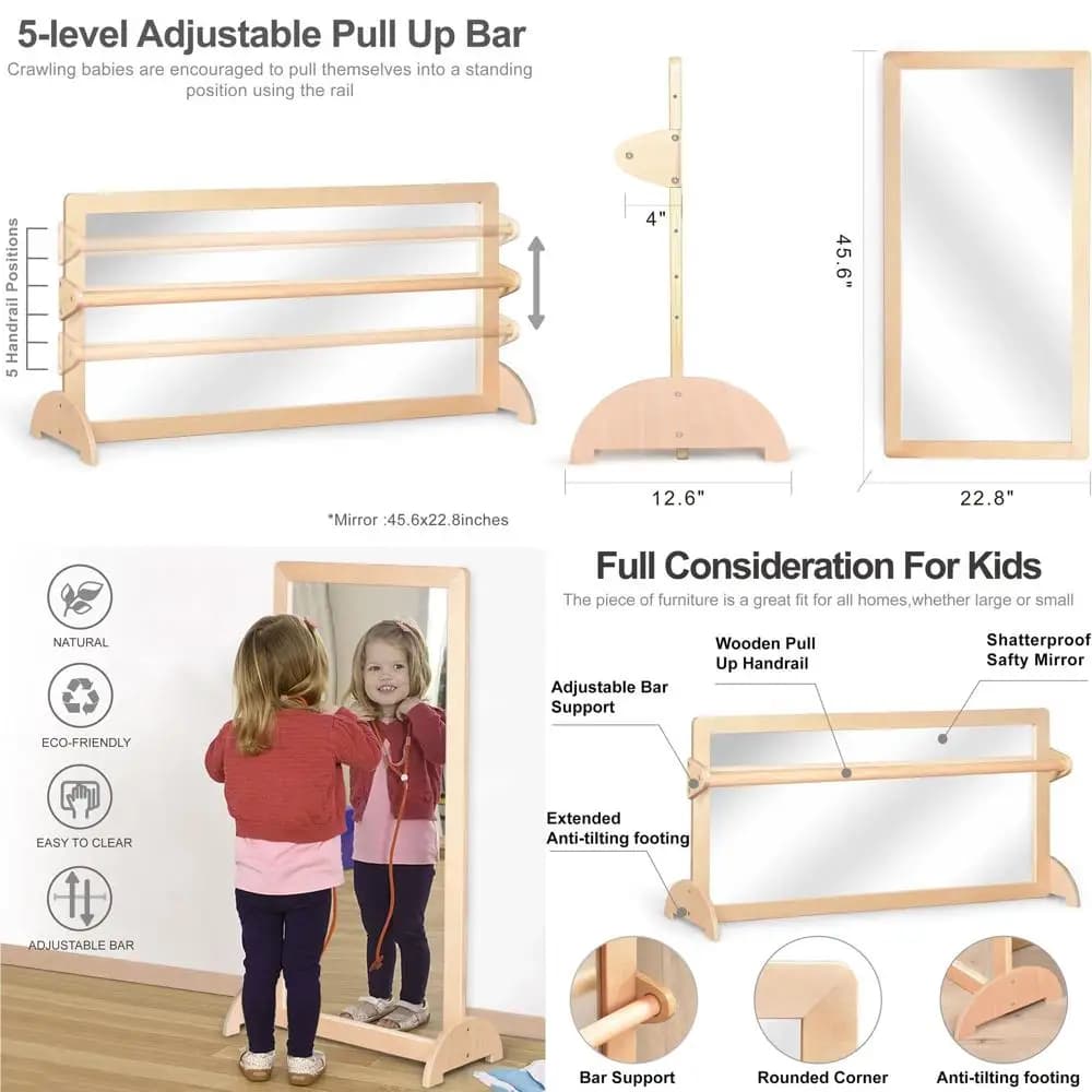3-position adjustable wooden traction bar with large mirror set, ideal for children's classroom, nursery, school at home or kindergarten