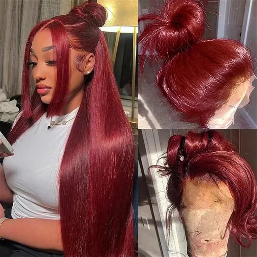 36 Inches Burgundy 99J Straight 13x4 13x6 Lace Frontal Human Hair Wigs Peruvian Red Colored Wigs Remy 200 Density For Women