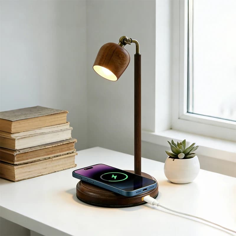 Lampada da Scrivania in Legno con Caricatore Wireless Qi da 15W per Telefono Cellulare, Alimentazione USB-C, Luci a Tre Colori, Lampada da Tavolo per Camera da Letto e Casa