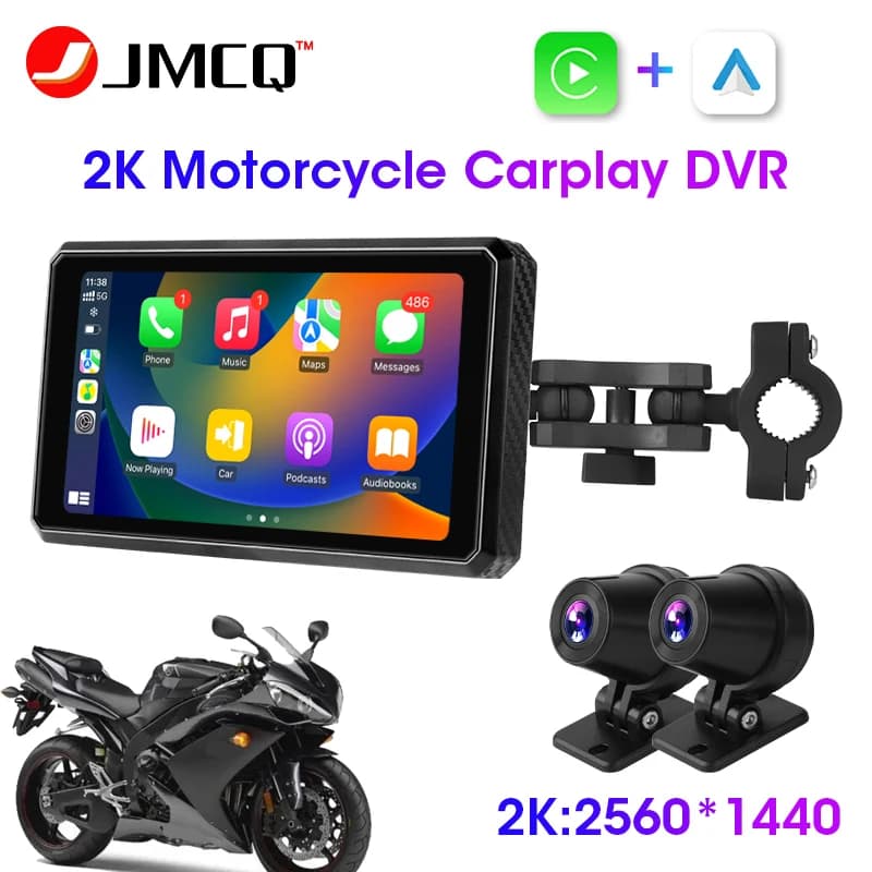 JMCQ 2K Motorcycle DVR IPX7 Waterproof Wireless Carplay Display Screen Portable Motor Camera WIFI GPS Dash Cam Auto Monitor