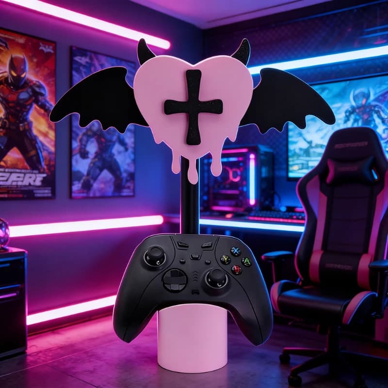 Supporto per Cuffie a Forma di Piccolo Diavolo Kawaii Rosa/Nero, Porta Cuffie da Scrivania per Setup Gaming, Carino Porta Auricolari per Appassionati di Anime