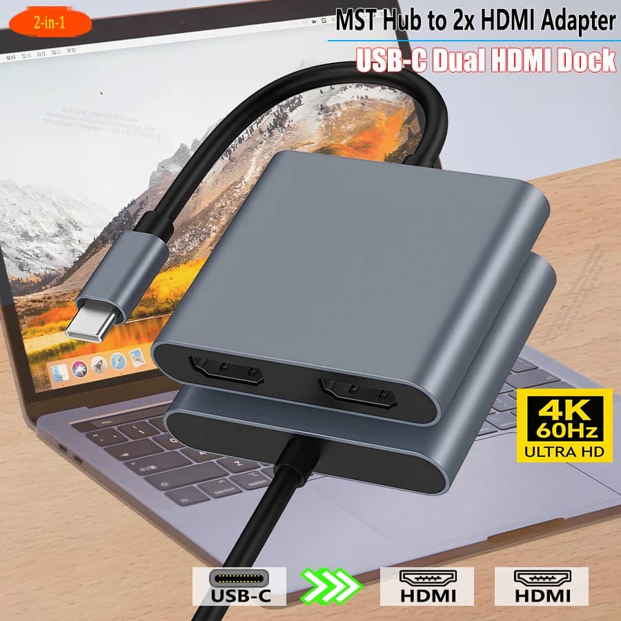 Adattatore da USB Type-C a doppio HDMI 4K 60 Hz, docking station per laptop, hub MST USB-C con 2 HDMI per MacBook, Dell, Lenovo, HP, Microsoft, ASUS, Huawei, Xiaomi, Acer