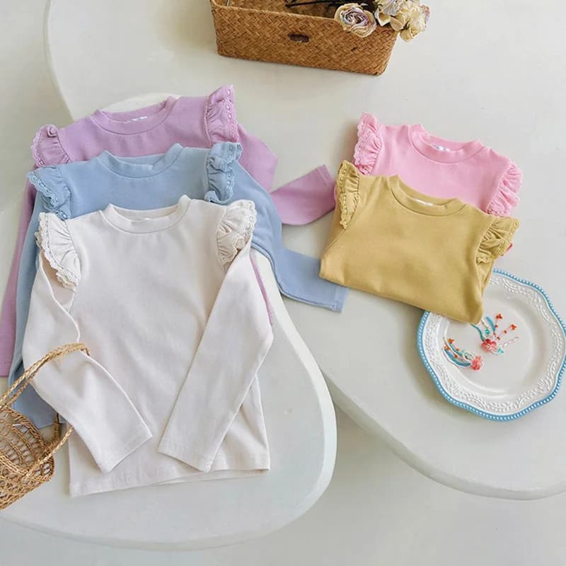 Top per Bambine in Cotone con Maniche a Volant in Pizzo, Manica Lunga, Tinta Unita Bianca, Moda Bambini, Delicato sulla Pelle, Elastico e Comodo