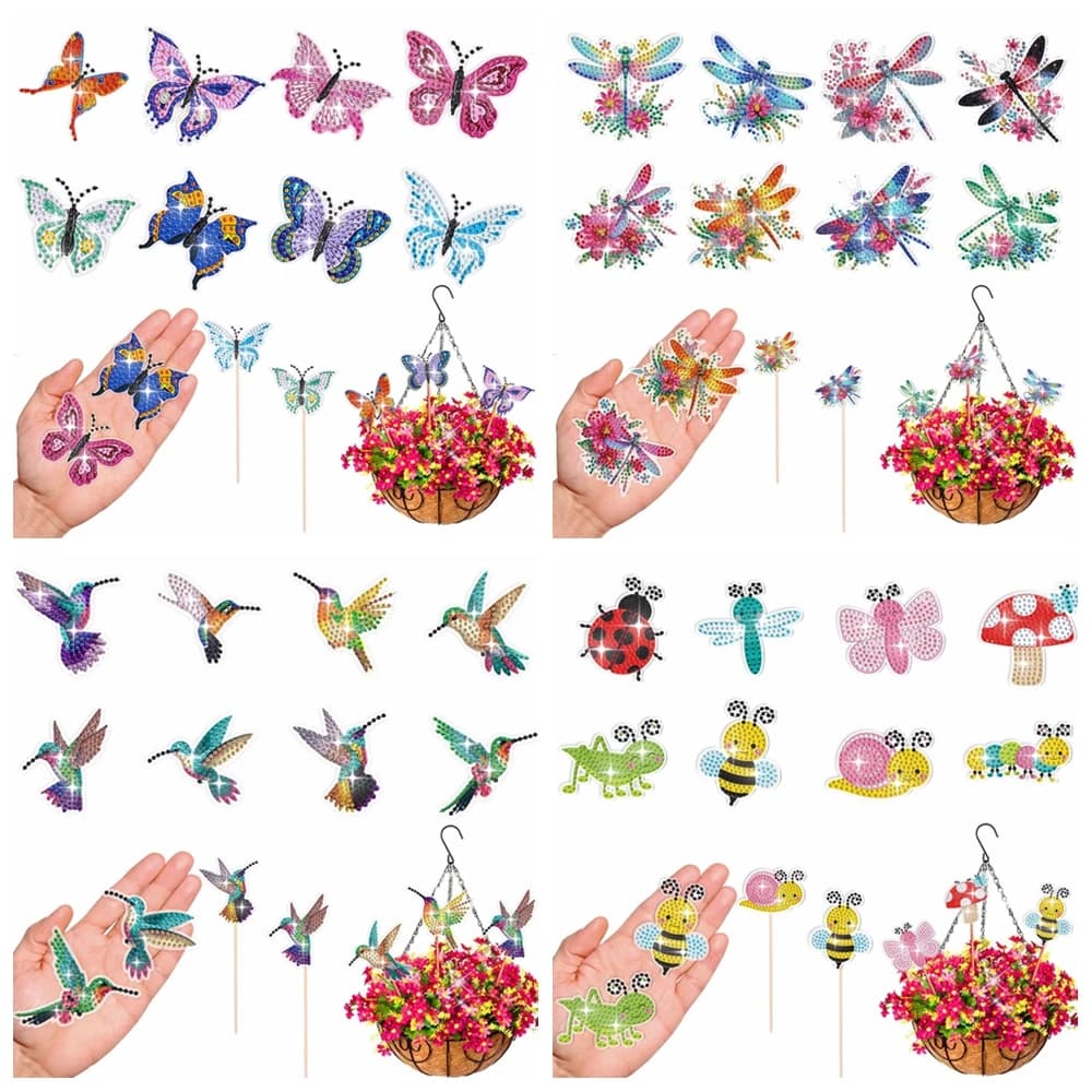 8 pz/set fai da te diamante arte giardino picchetti farfalle cristallo acrilico strass decorazione del giardino uccelli pittura diamante pali di fiori