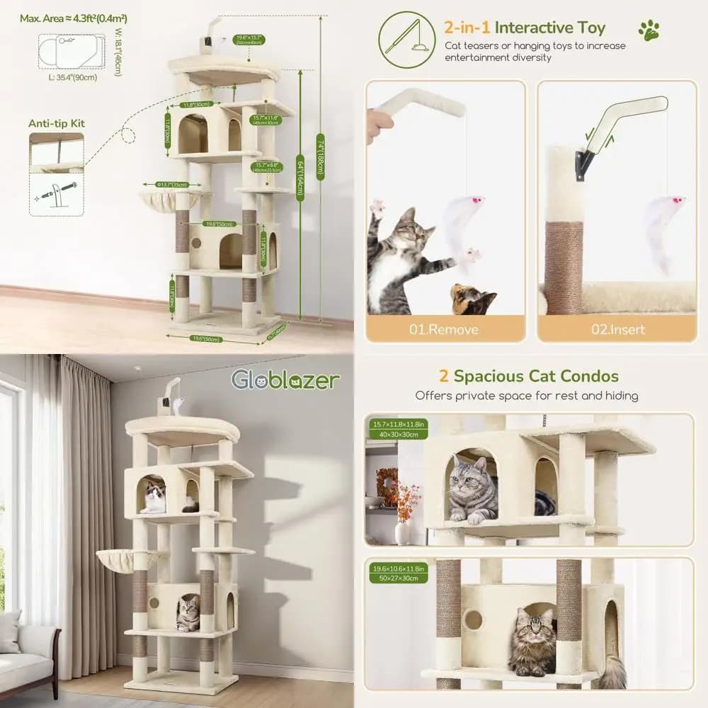 Torre per gatti rialzata con 2 cassetti accoglienti, posatoio extragrande, cestello oscillante e bacchetta teaser, F74B Beige