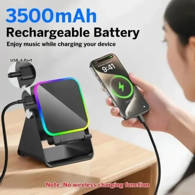 Supporto per Telefono con Altoparlante a Induzione Senza Bluetooth, Luce RGB, Batteria da 3000mAh, Supporto in Metallo a Doppio Asse per iPhone e Android