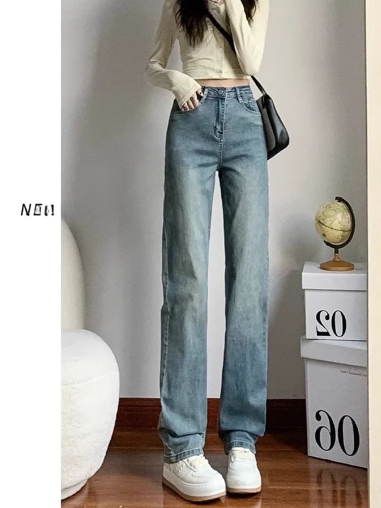 Retro Slim Wide Leg Denim Jeans Women's Small Size Nine Points Spring Autumn New High Waist Straight Tube Long Pants