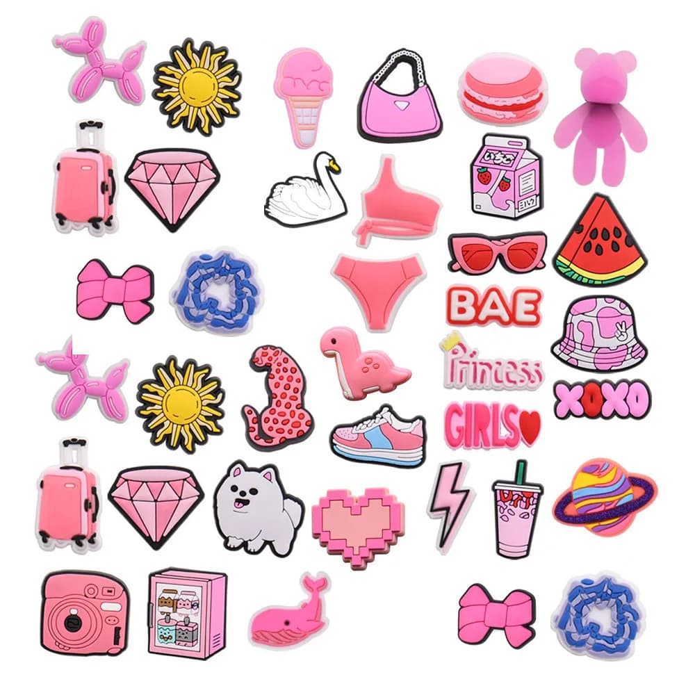 Ciondoli per scarpe con borsa per cappello rosa per accessori Crocs Zoccoli da donna Spille Distintivo Jeans per bambini Decorazioni per ragazze per ragazzi Accessori per scarpe con fibbia
