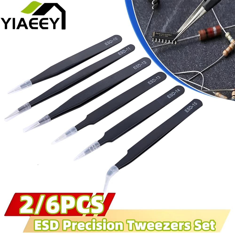 6PCS Pinzette di precisione Set ESD Pinzette antistatiche in acciaio inossidabile Strumenti di riparazione per riparazioni elettroniche Saldatura artigianale
