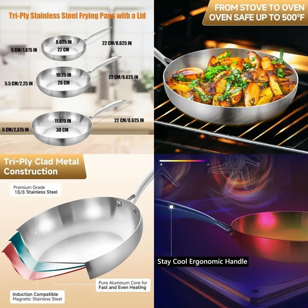 Set of 10-12 inch stainless steel pans with cover, compatible with induction, suitable for oven and dishwasher, removable handle