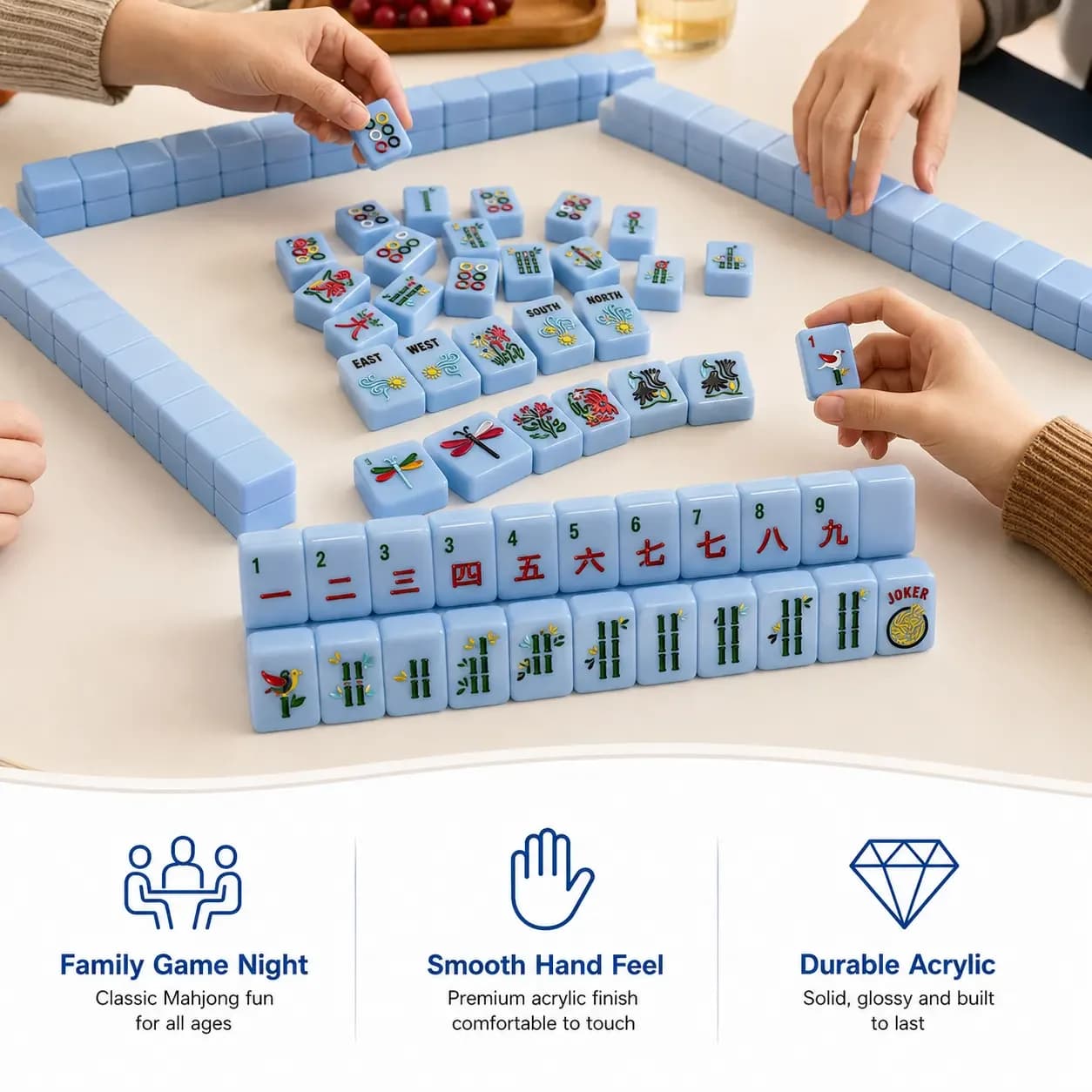 Light Blue Acrylic American mahjong game tiles 160Pcs Hand-painted Colorful Floral Carving Tiles Waterproof Wear-resistant