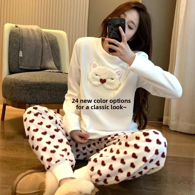 Set Pigiama in Pile Caldo per Donna, Abbigliamento da Casa, Indumenti da Notte Autunno Inverno, Maniche Lunghe, Collo Tondo, Stampa Floreale, Pigiama Termico