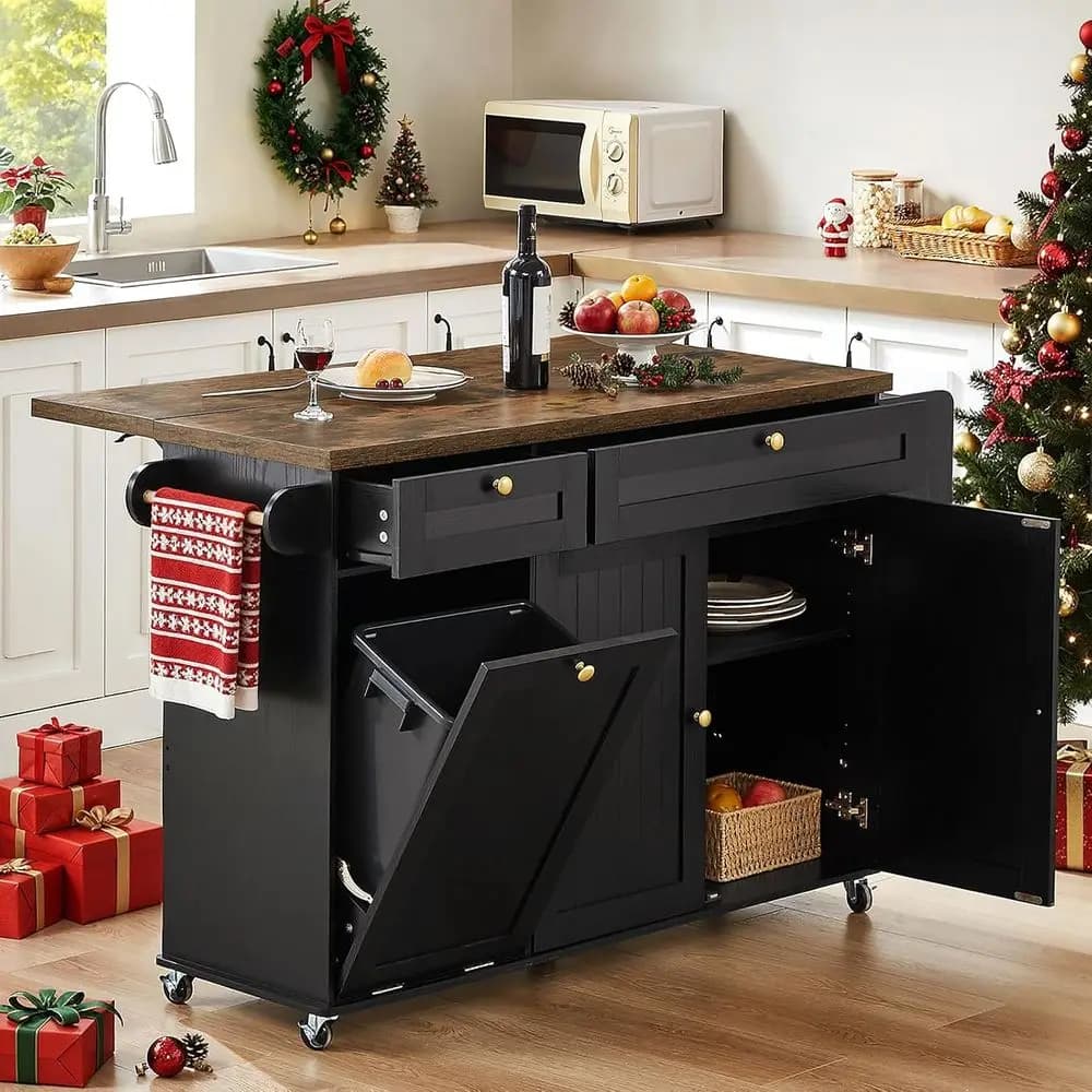 Isola da cucina da 60" con presa di corrente e foglia ribaltabile, isola da cucina con portaspezie e portasciugamani, portacoltelli, cucina Isl