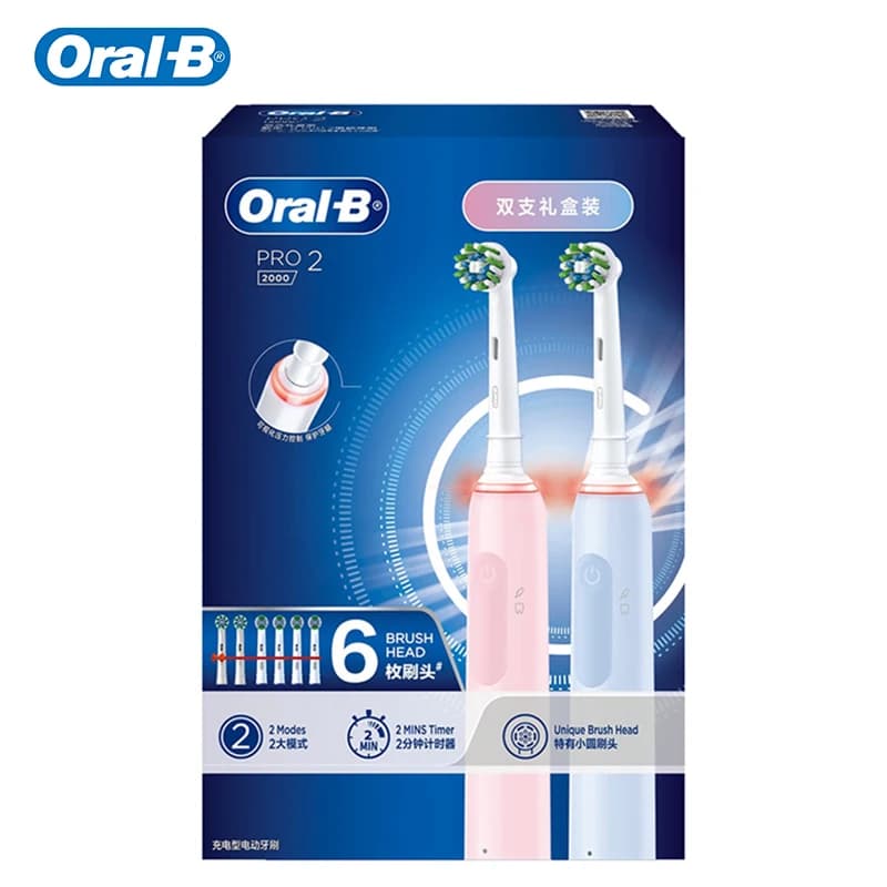 Spazzolino Elettrico Oral-B Pro 2 Blu e Rosa, Confezione Doppia con 2 Manici e 6 Testine, Sensore di Pressione Intelligente, Timer, Pulizia Profonda e Cura delle Gengive