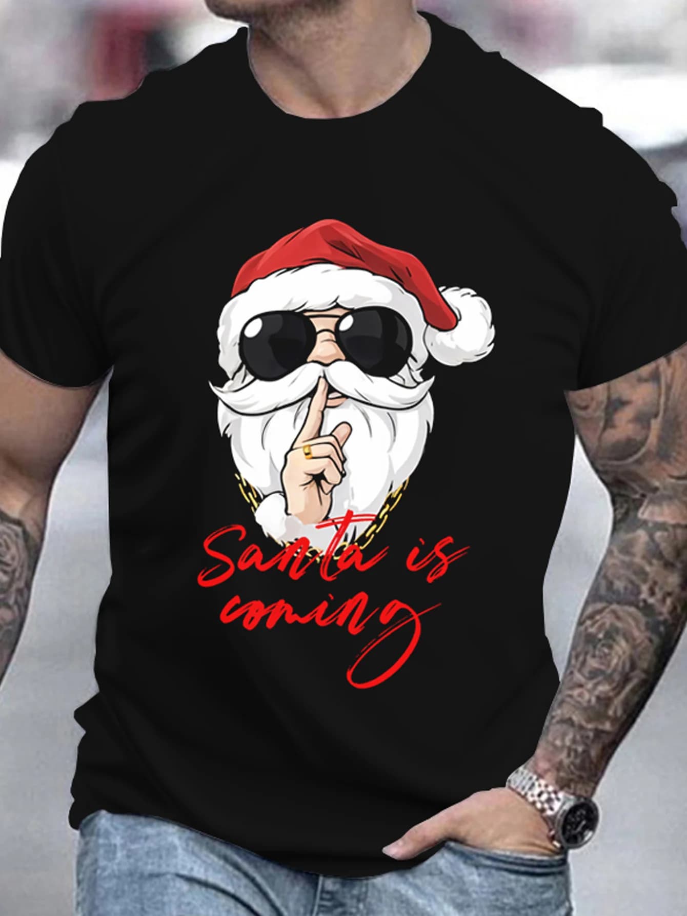 T-shirt da uomo con grafica Santa Enjoying Beer, girocollo in cotone SS, traspirante, abbigliamento casual natalizio estivo