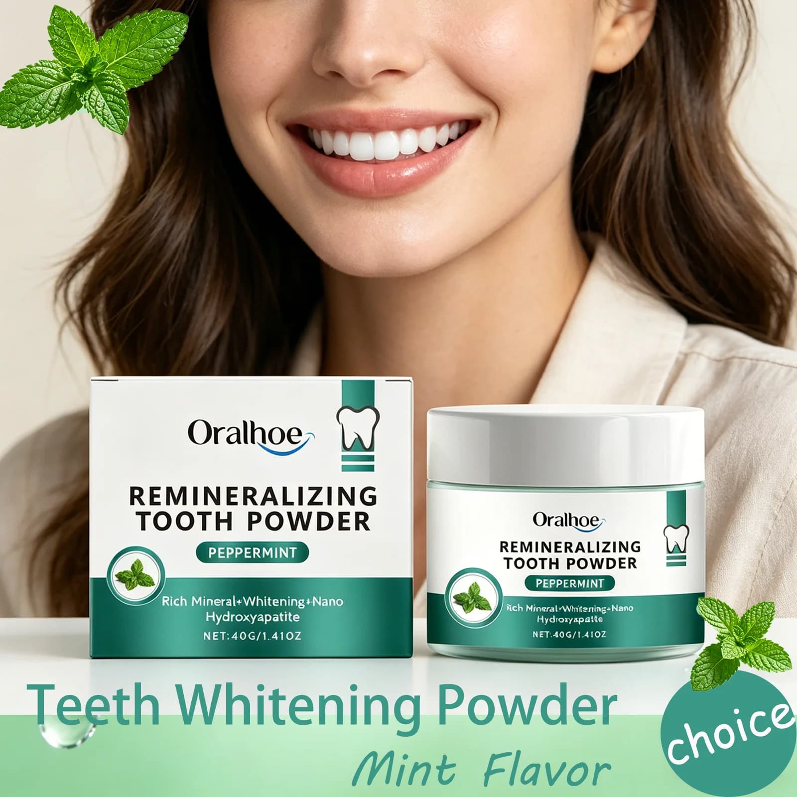 Oralhoe 40g Polvere Sbiancante per Denti al Gusto di Menta, Rimuove le Macchie Gialle, Rinfresca l'Alito, Pulizia Profonda, Polvere Sbiancante Dentale