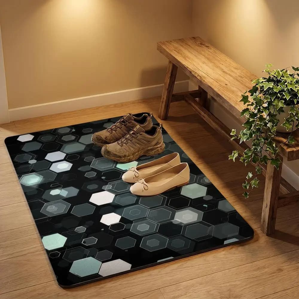 Super absorbent diatomite bath mat with abstract hexagonal pattern, fast drying, non-slip and absorbent.