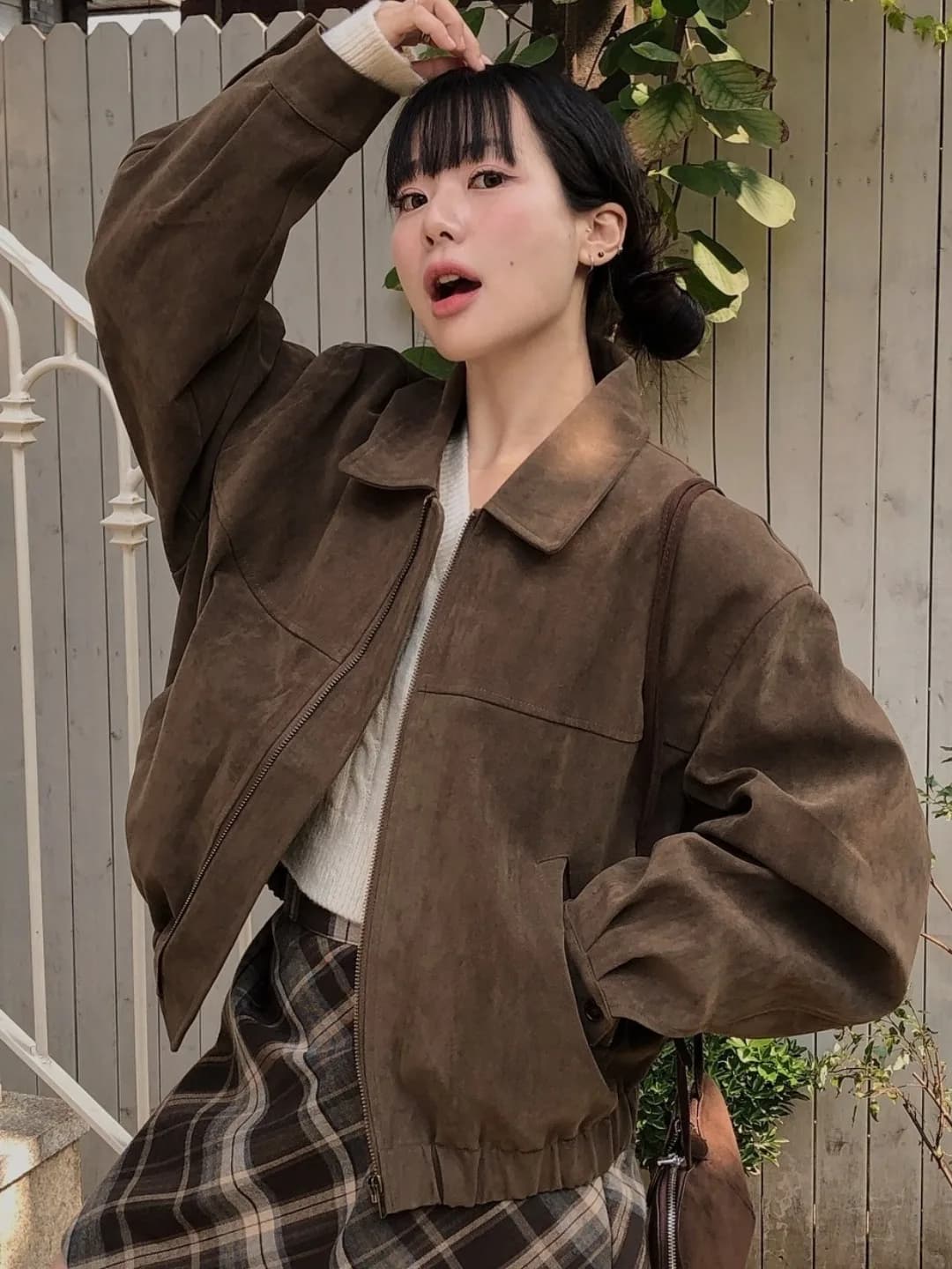 Chic Autumnal Retro Zipper Collar Elastic Waist Suede Baseball Jacket Loose Workwear Outerwear Neck Long Sleeve Polyester
