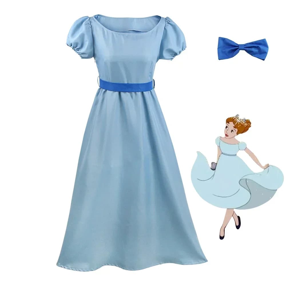 Princess Wendy Full Set Dress Pan Peter for Women Girl Halloween Party Cosplay Costume Summer Halloween Maxi Dress with Headwea