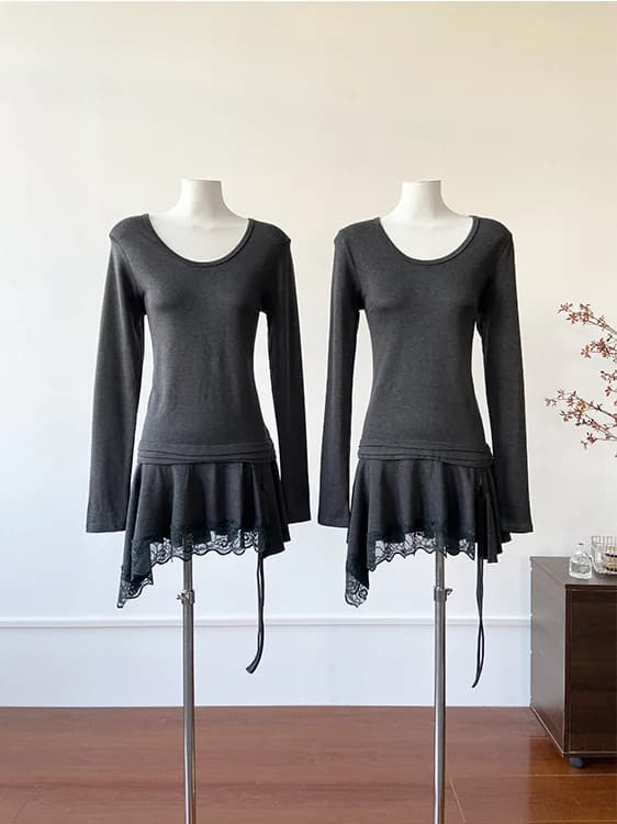 Long Fitted T-shirt with Belt and Lace Edges Richly Decorated, Korean Style for Women, Fashion Casual