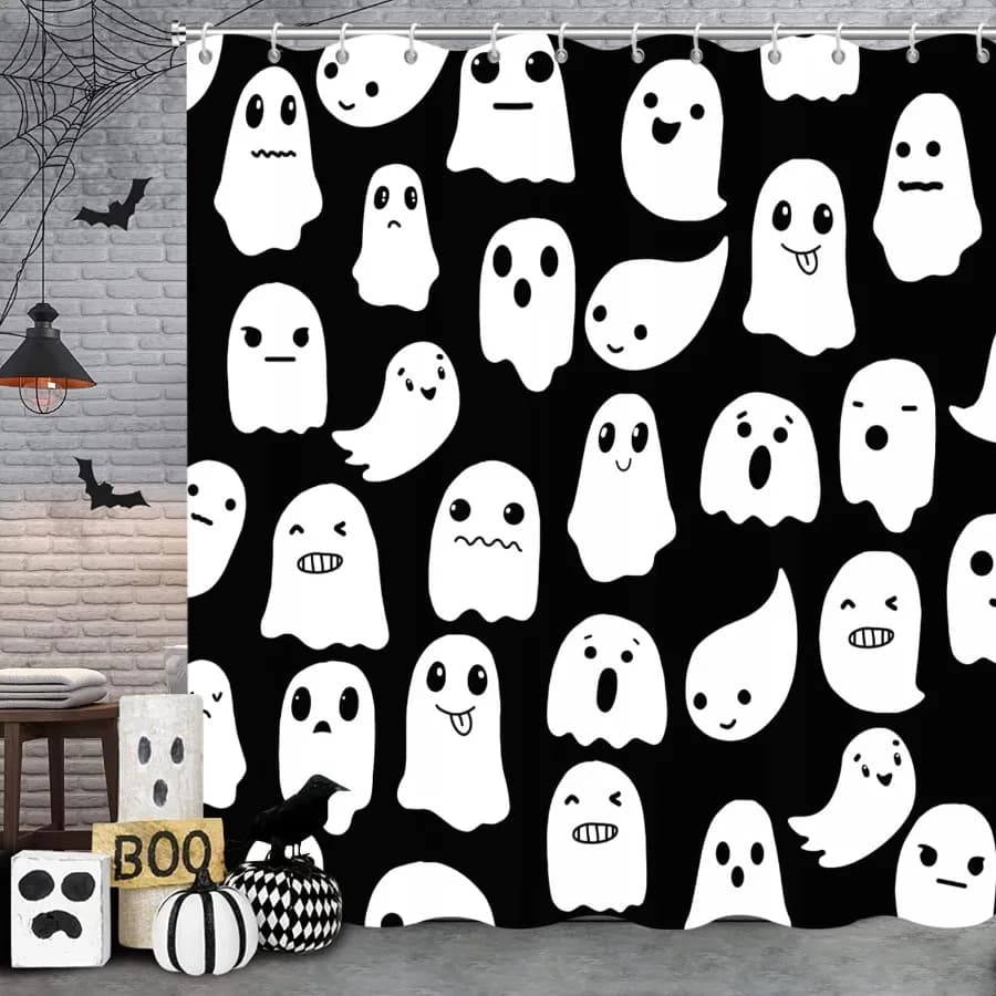 Tenda da doccia fantasma di Halloween in bianco e nero spettrale carino divertente cartone animato fantasmi icone divertente tenda da bagno vasca da bagno decorazioni per la casa