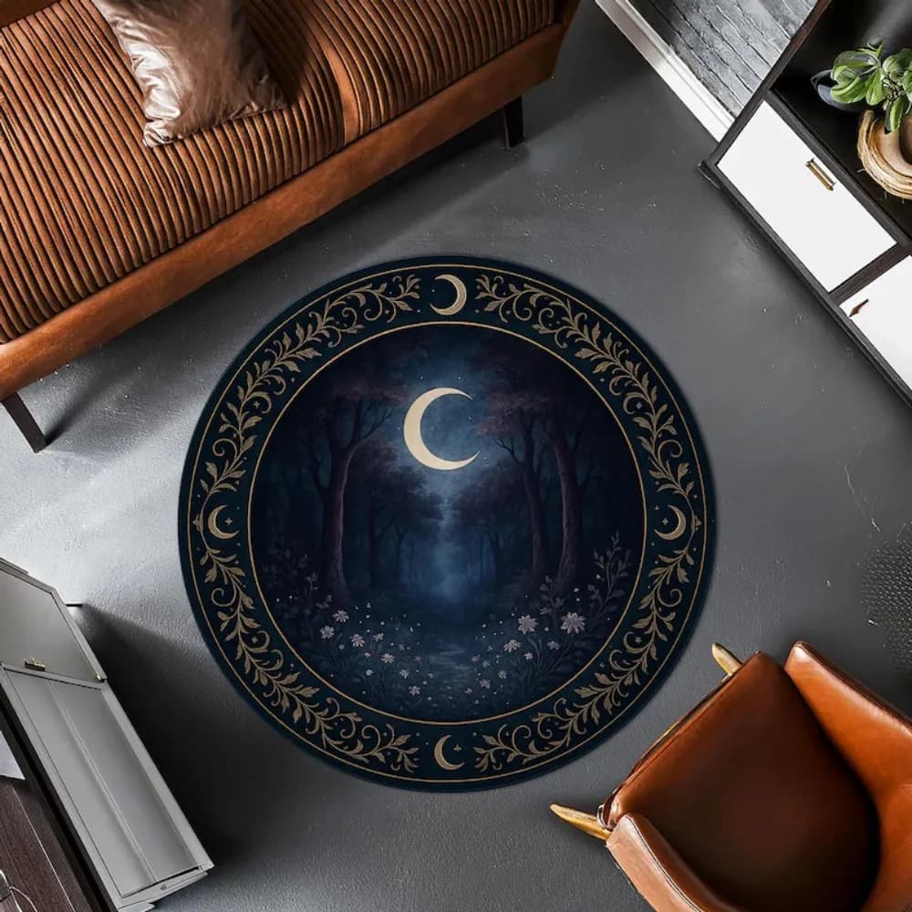 Elegant round carpet with full moon – Night sky carpet with clouds and golden botanical accents for the decor of the house Boho mystic