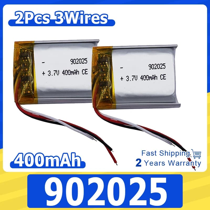 2pcs 3.7v 400mah 1.48Wh Li Lithium Battery 902025 Li-ion 3-Wires Thermistor Repair GPS Bluetooth Speaker Headphones Headset Mp4