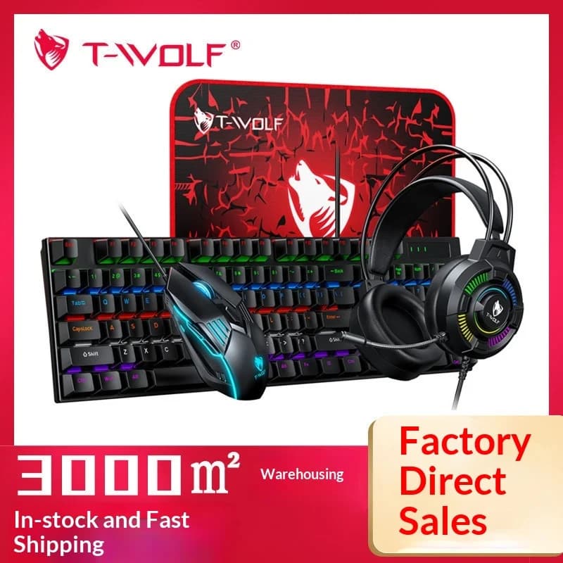 T-WOLF TF700 4 in 1 game set with blue switch mechanical keyboard, RGB backlight, game mouse, headphones and mouse mat for Russian players on PC