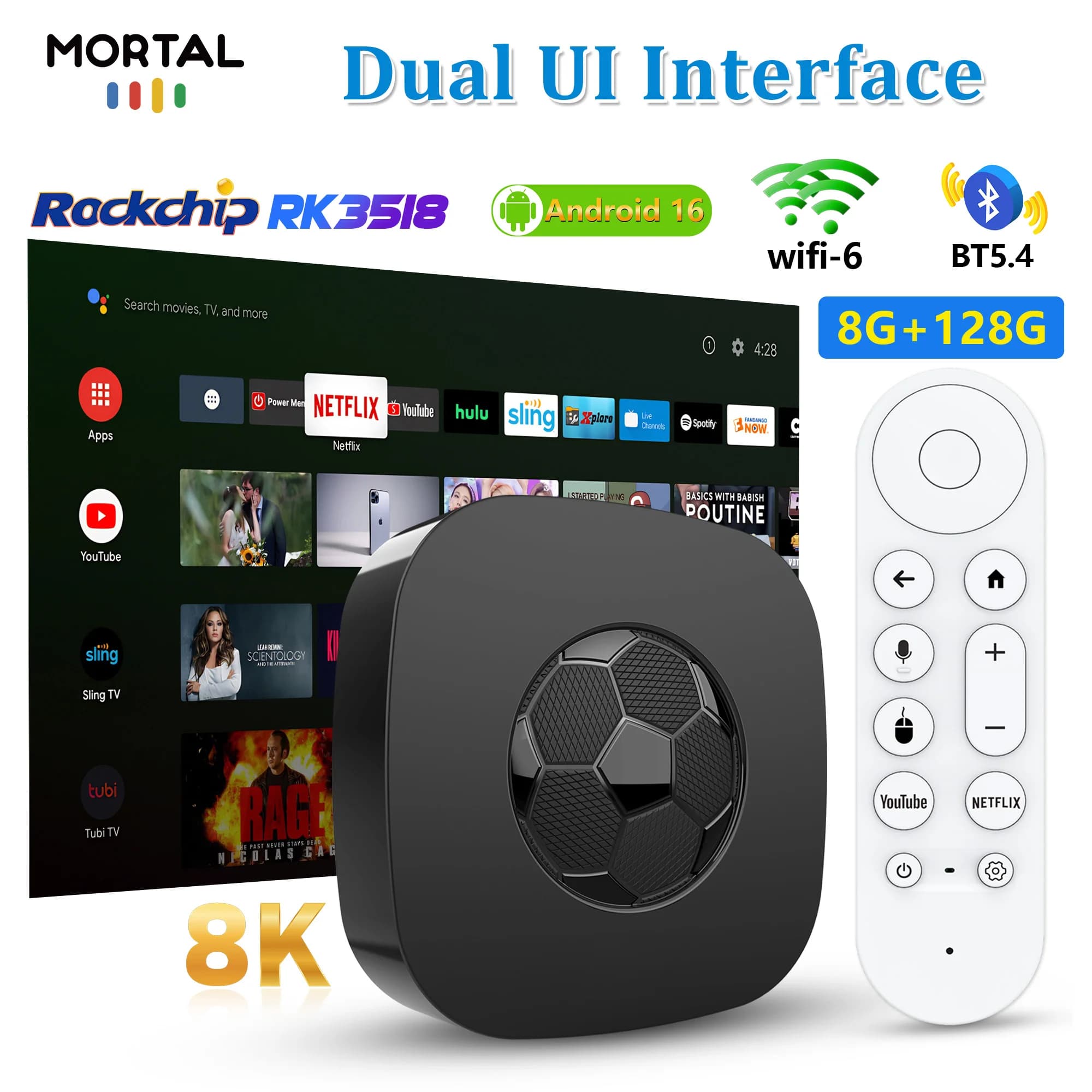 Mortal TV Box Android 16 16G 128G RK3518 Controllo vocale 4K 1080P 1000M WIFI6 T1 Ultra Bluetooth 5.2 Lettore multimediale portatile TV Box