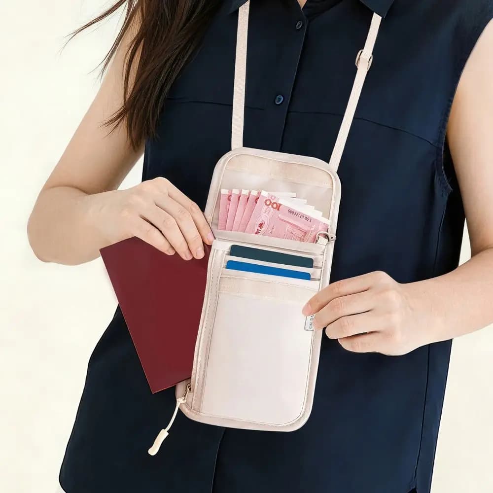 Waterproof Passport Pouch Adjustable Strap Multi-Pockets Neck Wallet Anti-Theft Smooth Zipper Credit Cards Holder Card Holder