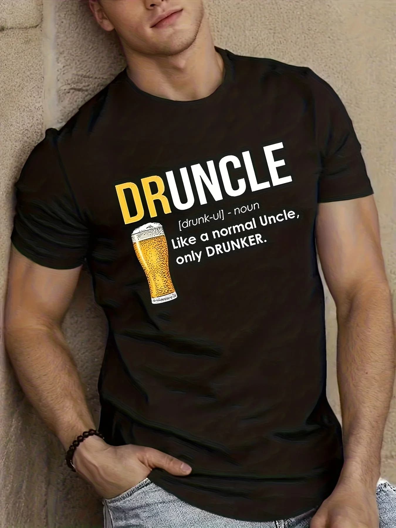 T-shirt da uomo a girocollo a maniche corte con divertente stampa 'zio bevuto' - T-shirt nera a maniche corte con motivo a boccale di birra