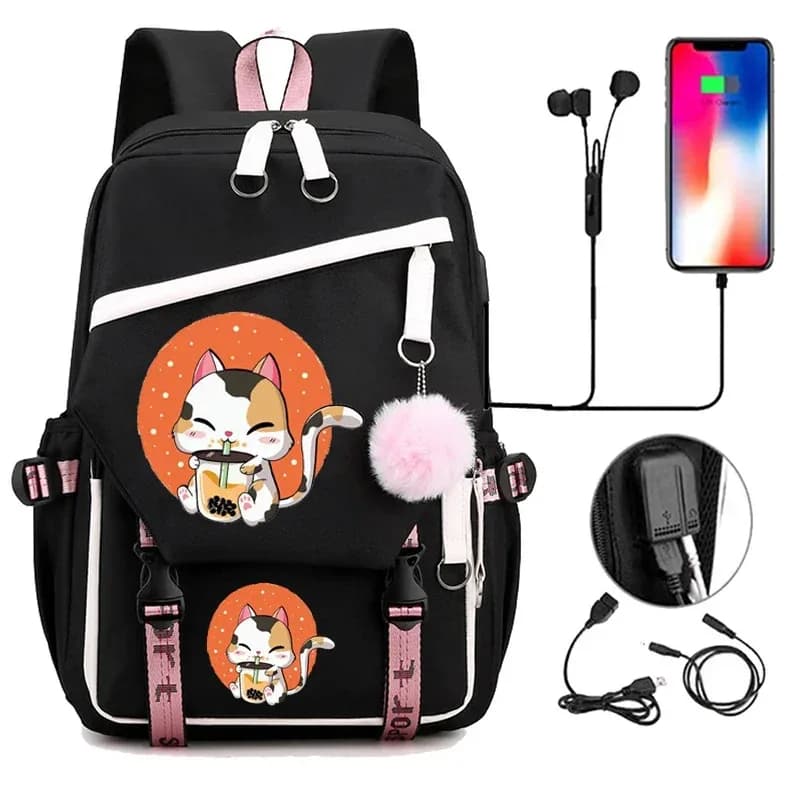 2026 Kawaii Backpack Women 2025 Cat Boba Anime School Bags For Teenager Girls Bookbag Bubble Tea Lady Travel Backbag Shoulder Ba