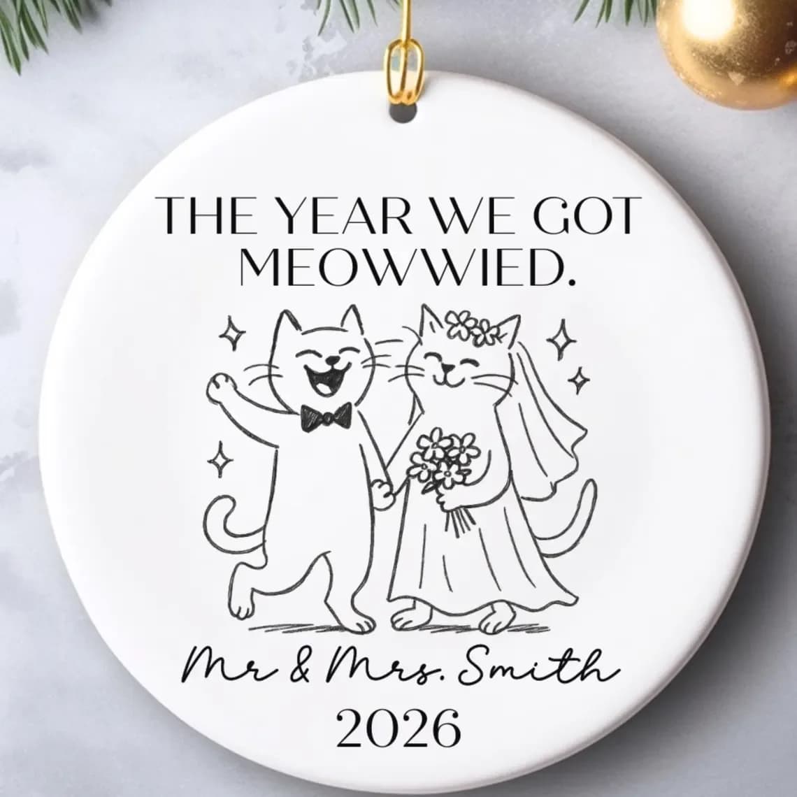 Personalized Cat Wedding Ornament Funny Newlywed Gift Custom Name Keepsake Christmas Tree Decor Bridal Shower Gift for Couple