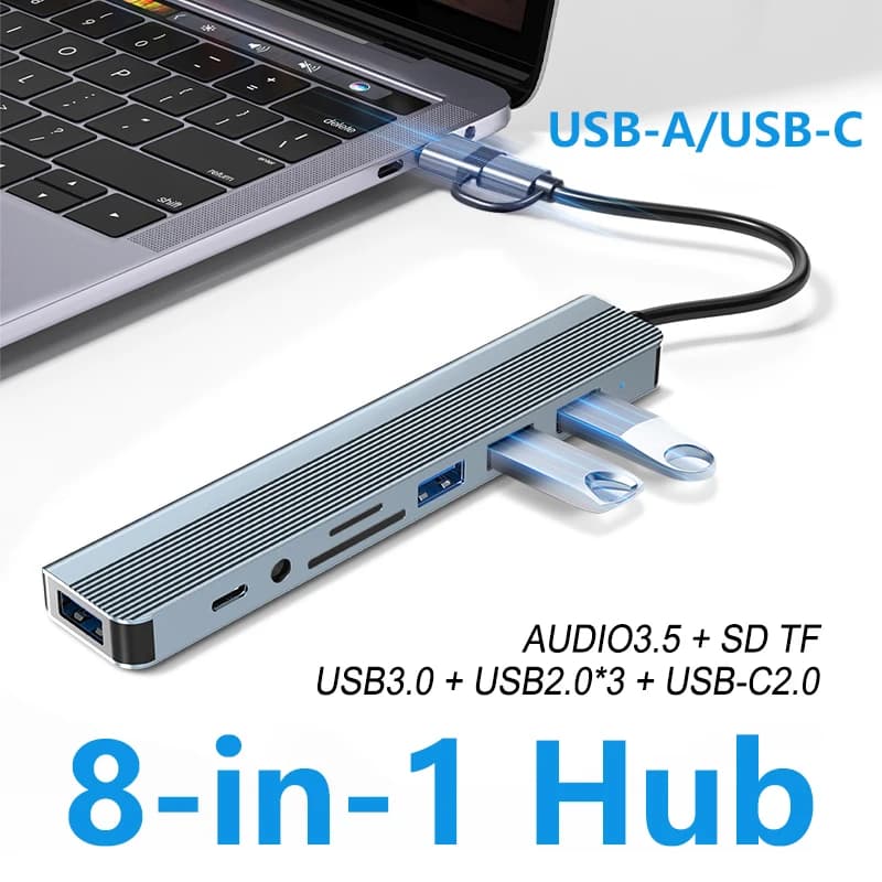 Hub USB C 8-in-1 con USB-A e USB-C, Striscia in Alluminio, USB 3.0, 3 USB 2.0, USB-C 2.0, Audio 3.5mm e Lettore SD/TF per Laptop