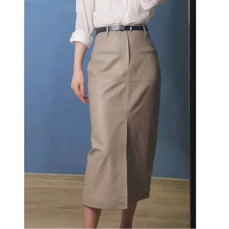 Women Long Leather Skirt 2025 Winter Euro-American Calf Length 100% Sheepskin Slim Pencil Skirt With Belt Femme Front Split Saia