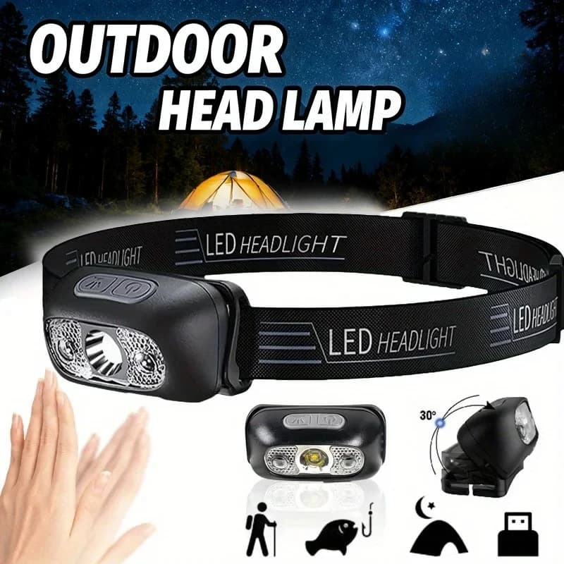 Mini Lampada Frontale Industriale Ultra-Luminosa con Sensore, Torcia LED Portatile Ricaricabile USB-C per Campeggio e Pesca all'Aperto