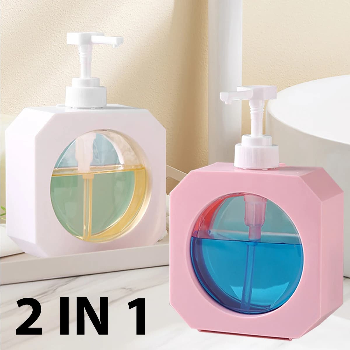 Elegante dispenser di sapone per le mani 2 IN 1 per bagno e lavello della cucina, dispenser di sapone per piatti e mani con geometria per la decorazione domestica