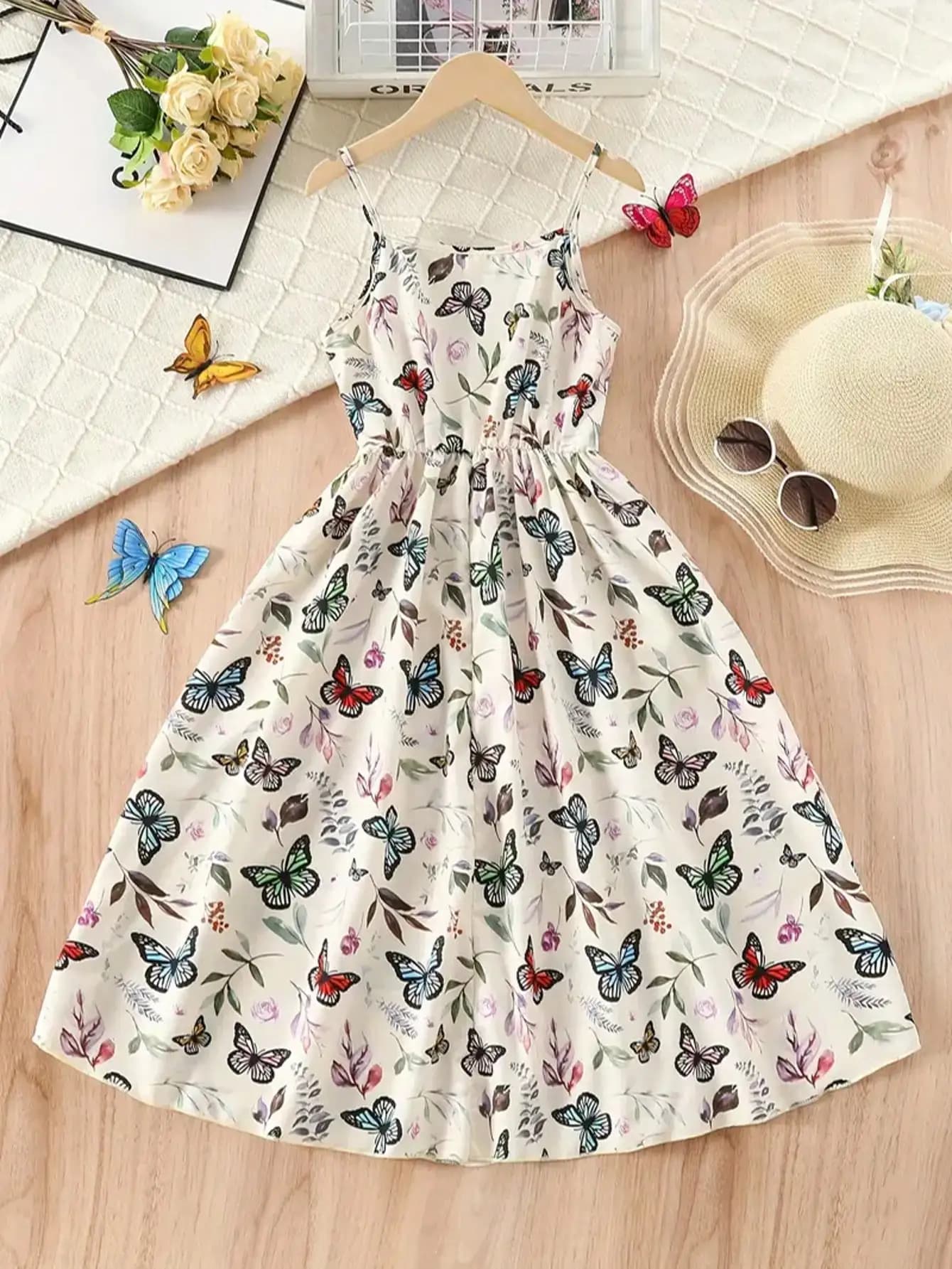 Abito estivo elegante e casual da ragazza 2026 con stampa a farfalla, senza maniche, scollo a V, lungo, perfetto per l'estate