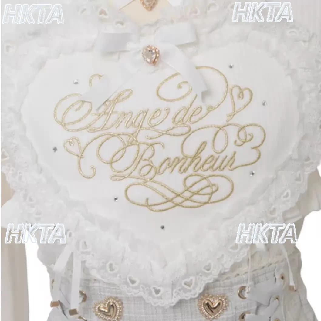 New Lolita Shirts Japanese Sweet and Pink and White Lolita for Women and Girls, Bluse Kawaii with Pizzo, Big Heart, Crossed shoulder straps and Long sleeves, Top Style Liz
