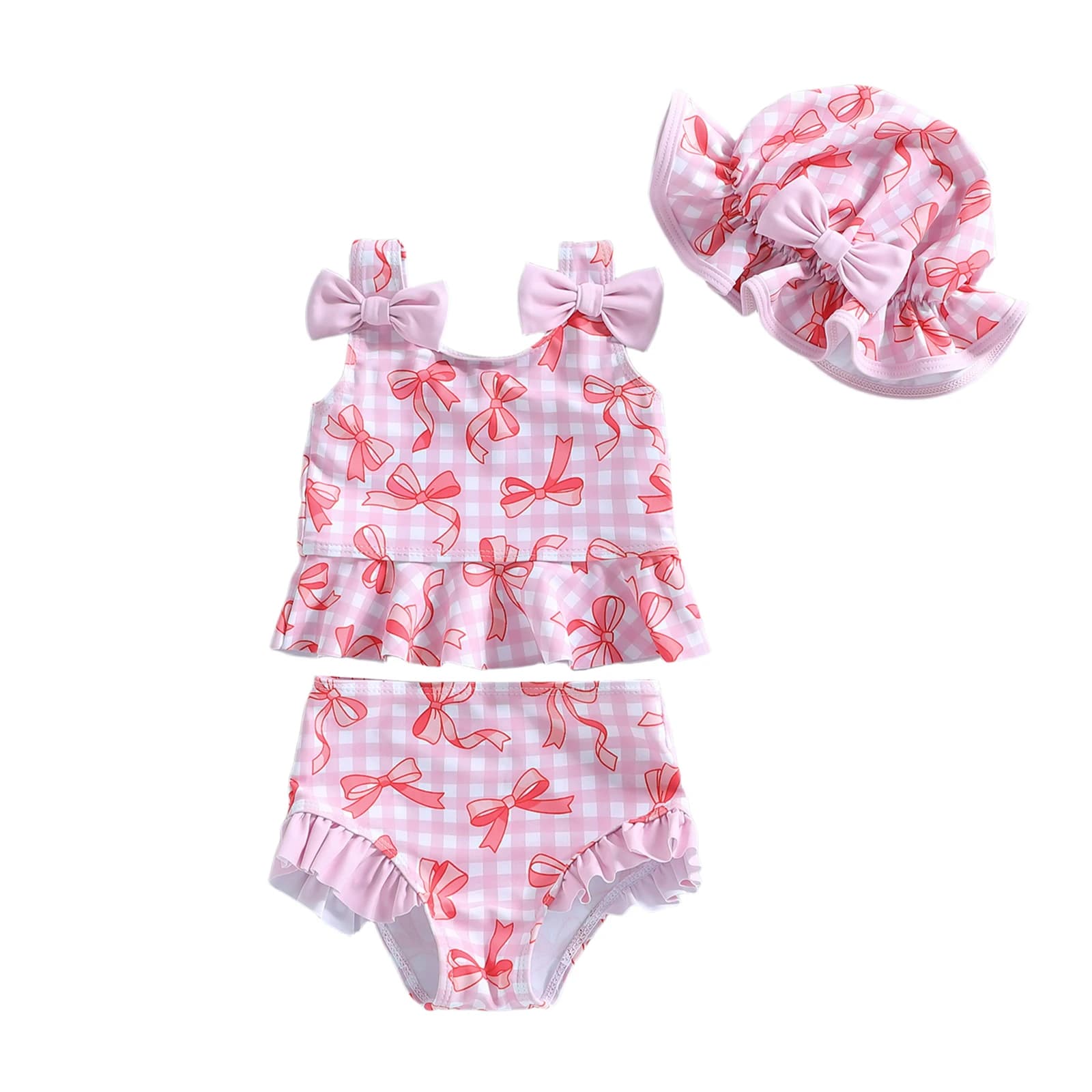 Set baby bathing suit, sleeveless tankini with Scottish print and cute bow with matching briefs and bathroom headset