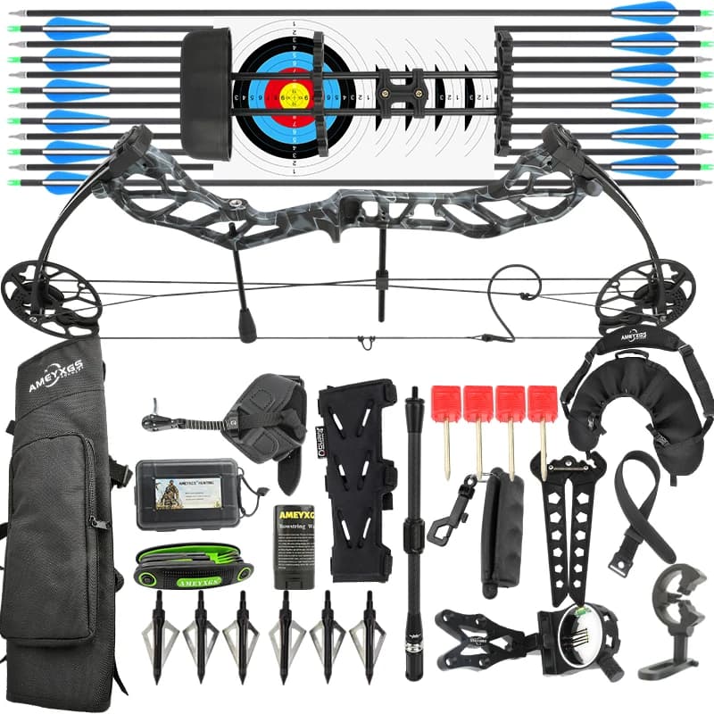 Compound Bow Set 19‑70Lbs Adjustable 320fps CNC 6061‑T6 Aluminum Alloy Riser Dual Cam 75% Let‑off Right Hand for Hunting Target Shooting Practice