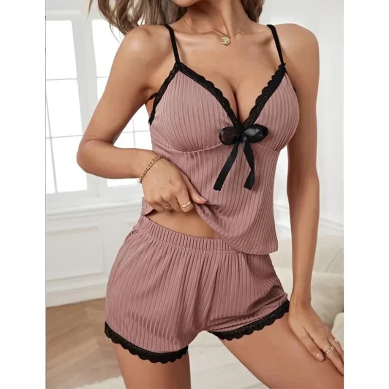 Summer Women's Sexy Deep V Lace Camisole & Shorts Pajama Set