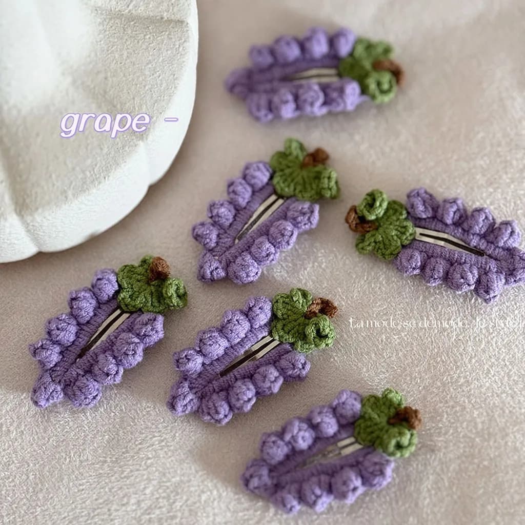 Handmade Crochet Grape Shaped BB Hair Clip Cute Purple Fruit Decorative Side Bang Hairpin for Women