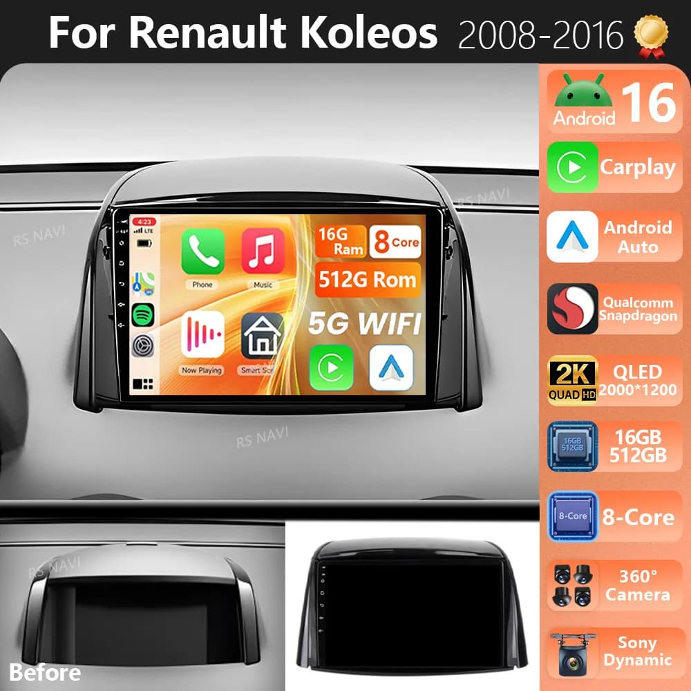 Plug and Play Android 15 Per Renault Koleos 2008 -2016 2K QLED Android Autoradio Lettore Video Multimediale GPS Stereo CarPlay 4G