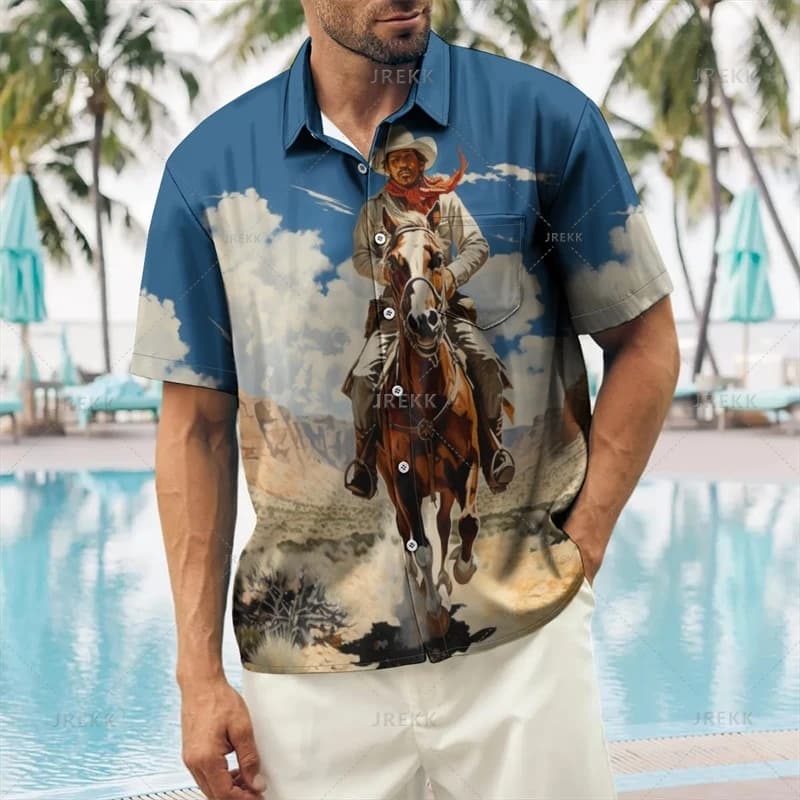 Harajuku 3D American West Cowboy Print camicie per uomo moda Streetwear camicie e camicette anni '80 Cool Casual risvolto camicetta abbigliamento