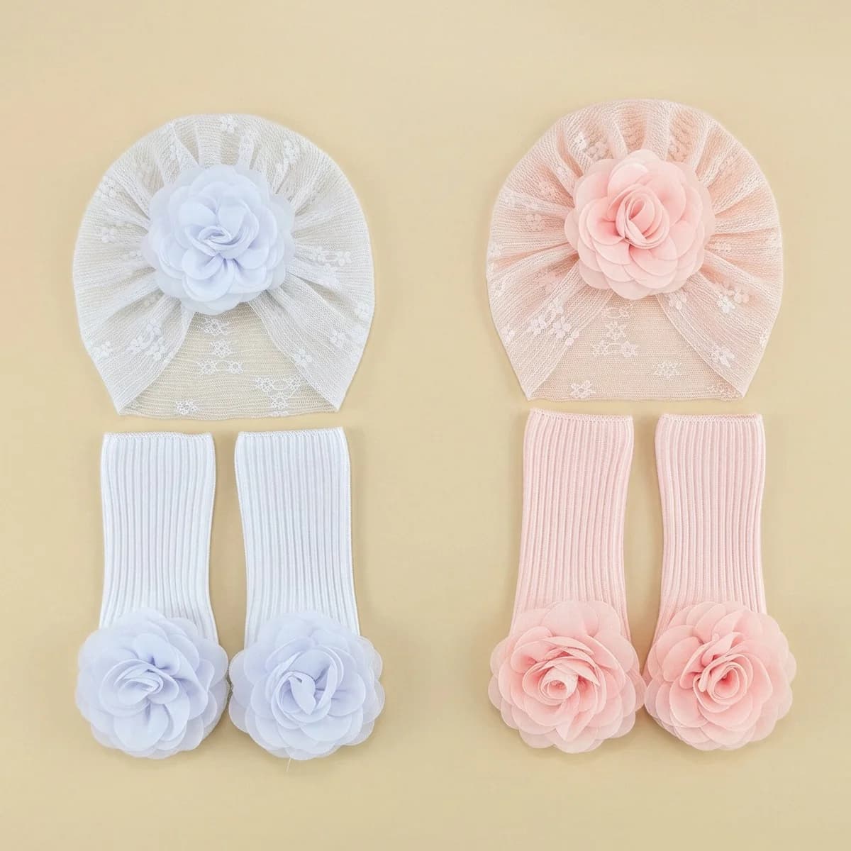 2Pcs Newborn Baby Summer Hat Socks Set Flower Beanies 0-9M Infant Girls Turban Cap Anti-slip Socks Girl Headwraps Accessories