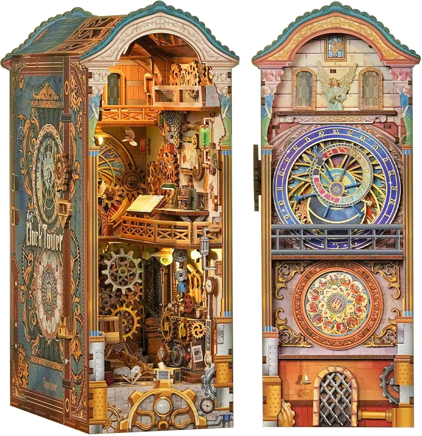Kit angolo libro torre orologio in legno 3D fai-da-te con luci a LED, puzzle casa in miniatura e copertura antipolvere