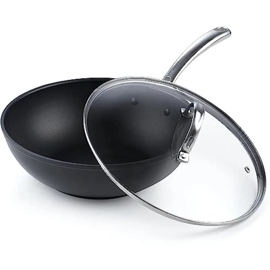 Wok Anti-adhering pan for Jumping in pan, Anodized Deep pan with Glass Cover, Flat Bottom, Black