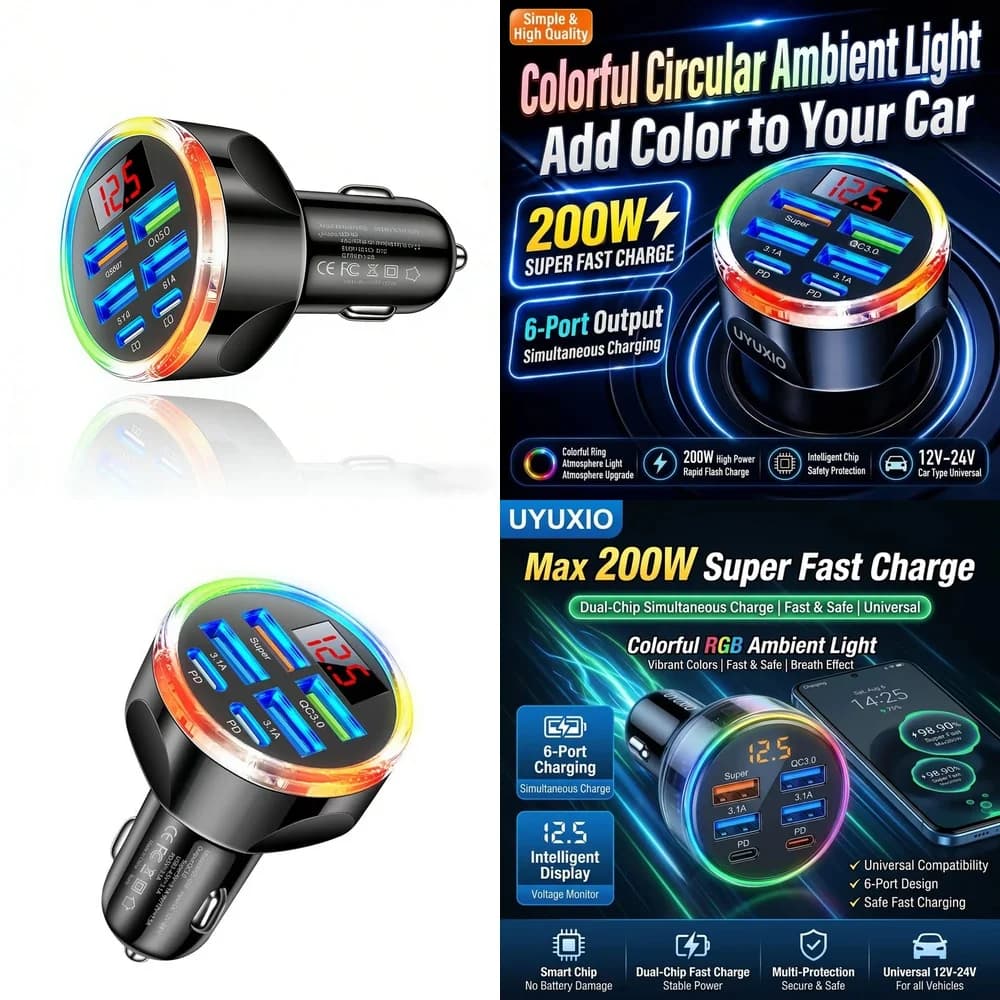 Fast Charging 6 Ports Car Adapter Trending for iPhone 18 17 16 Samsung S26 S25 S24 with LED Digital Display RGB Ambient Light